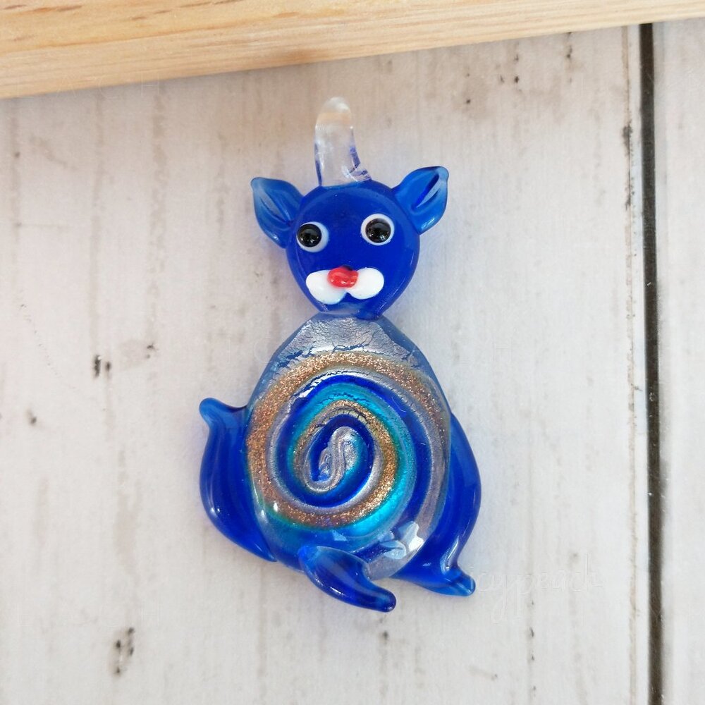Murano Foil Glass Cat Pendant Blue Glass Art 2” Kitty Ornament Charm Sun Catcher